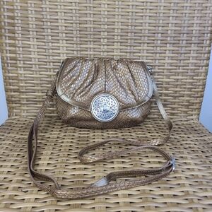 Brighton Snake Print Metallic Gold Leather Crossbody Bag Silver Hardware
